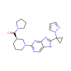 O=C([C@@H]1CCCN(c2ncc3[nH]c(C4(n5cccn5)CC4)nc3n2)C1)N1CCCC1 ZINC000221396975