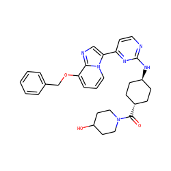 O=C([C@H]1CC[C@H](Nc2nccc(-c3cnc4c(OCc5ccccc5)cccn34)n2)CC1)N1CCC(O)CC1 ZINC000261152210