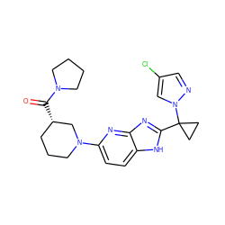 O=C([C@H]1CCCN(c2ccc3[nH]c(C4(n5cc(Cl)cn5)CC4)nc3n2)C1)N1CCCC1 ZINC000205300657