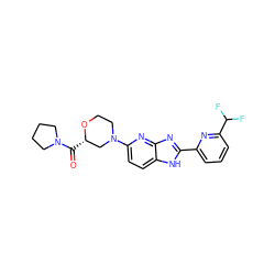 O=C([C@H]1CN(c2ccc3[nH]c(-c4cccc(C(F)F)n4)nc3n2)CCO1)N1CCCC1 ZINC000221408276