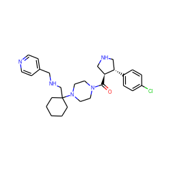 O=C([C@H]1CNC[C@@H]1c1ccc(Cl)cc1)N1CCN(C2(CNCc3ccncc3)CCCCC2)CC1 ZINC000028953945