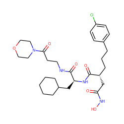 O=C(C[C@@H](CCCc1ccc(Cl)cc1)C(=O)N[C@@H](CC1CCCCC1)C(=O)NCCC(=O)N1CCOCC1)NO ZINC000026653293