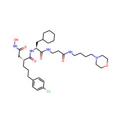 O=C(C[C@@H](CCCc1ccc(Cl)cc1)C(=O)N[C@@H](CC1CCCCC1)C(=O)NCCC(=O)NCCCCN1CCOCC1)NO ZINC000026387137