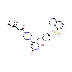 O=C(C[C@@H]1C[C@H]2CC[C@H]1C2)N1CCN(c2cc(=O)[nH]c(=O)n2Cc2ccc(OS(=O)(=O)c3cccc4cnccc34)cc2)CC1 ZINC000653803592