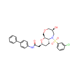 O=C(C[C@@H]1CC[C@@H]2[C@H](COC[C@@H](O)CN2S(=O)(=O)c2cccc(Cl)c2)O1)Nc1ccc(-c2ccccc2)cc1 ZINC000095602695