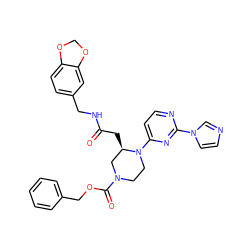 O=C(C[C@@H]1CN(C(=O)OCc2ccccc2)CCN1c1ccnc(-n2ccnc2)n1)NCc1ccc2c(c1)OCO2 ZINC000036089257