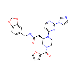 O=C(C[C@@H]1CN(C(=O)c2ccco2)CCN1c1ccnc(-n2ccnc2)n1)NCc1ccc2c(c1)OCO2 ZINC000035274459