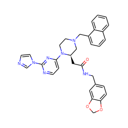 O=C(C[C@@H]1CN(Cc2cccc3ccccc23)CCN1c1ccnc(-n2ccnc2)n1)NCc1ccc2c(c1)OCO2 ZINC000036089236