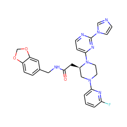 O=C(C[C@@H]1CN(c2cccc(F)n2)CCN1c1ccnc(-n2ccnc2)n1)NCc1ccc2c(c1)OCO2 ZINC000035270693