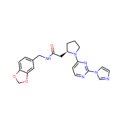 O=C(C[C@H]1CCCN1c1ccnc(-n2ccnc2)n1)NCc1ccc2c(c1)OCO2 ZINC000035273338