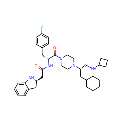 O=C(C[C@H]1Cc2ccccc2N1)N[C@H](Cc1ccc(Cl)cc1)C(=O)N1CCN([C@H](CNC2CCC2)CC2CCCCC2)CC1 ZINC000036284912