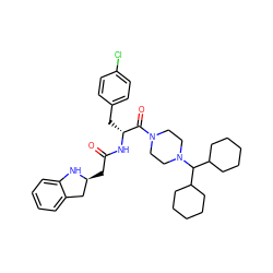 O=C(C[C@H]1Cc2ccccc2N1)N[C@H](Cc1ccc(Cl)cc1)C(=O)N1CCN(C(C2CCCCC2)C2CCCCC2)CC1 ZINC000036285050