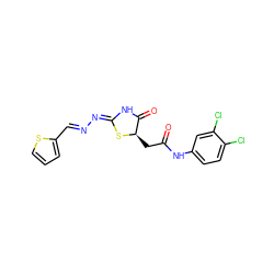 O=C(C[C@H]1S/C(=N\N=C\c2cccs2)NC1=O)Nc1ccc(Cl)c(Cl)c1 ZINC000008687361