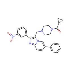 O=C(C1CC1)N1CCN(Cc2c(-c3cccc([N+](=O)[O-])c3)nc3ccc(-c4ccccc4)cn23)CC1 ZINC000037384577