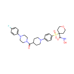 O=C(C1CCN(c2ccc(S(=O)(=O)C3(C(=O)NO)CCOCC3)cc2)CC1)N1CCN(c2ccc(F)cc2)CC1 ZINC000049793599