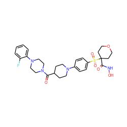 O=C(C1CCN(c2ccc(S(=O)(=O)C3(C(=O)NO)CCOCC3)cc2)CC1)N1CCN(c2ccccc2F)CC1 ZINC000049777160