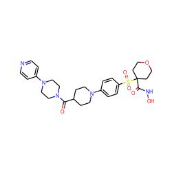 O=C(C1CCN(c2ccc(S(=O)(=O)C3(C(=O)NO)CCOCC3)cc2)CC1)N1CCN(c2ccncc2)CC1 ZINC000049777168