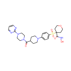 O=C(C1CCN(c2ccc(S(=O)(=O)C3(C(=O)NO)CCOCC3)cc2)CC1)N1CCN(c2ncccn2)CC1 ZINC000049775579