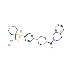 O=C(C1CCN(c2ccc(S(=O)(=O)C3(C(=O)NO)CCOCC3)cc2)CC1)N1CCc2ccccc2C1 ZINC000049036061