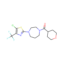 O=C(C1CCOCC1)N1CCCN(c2nc(C(F)(F)F)c(Cl)s2)CC1 ZINC000059278358