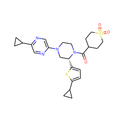 O=C(C1CCS(=O)(=O)CC1)N1CCN(c2cnc(C3CC3)cn2)C[C@H]1c1ccc(C2CC2)s1 ZINC001772587545