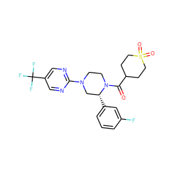 O=C(C1CCS(=O)(=O)CC1)N1CCN(c2ncc(C(F)(F)F)cn2)C[C@H]1c1cccc(F)c1 ZINC001772571271