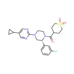 O=C(C1CCS(=O)(=O)CC1)N1CCN(c2ncc(C3CC3)cn2)C[C@H]1c1cccc(F)c1 ZINC001772605344