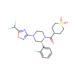 O=C(C1CCS(=O)(=O)CC1)N1CCN(c2noc(C(F)F)n2)C[C@H]1c1ccccc1F ZINC001772579079