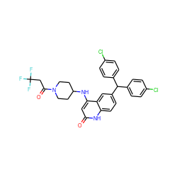 O=C(CC(F)(F)F)N1CCC(Nc2cc(=O)[nH]c3ccc(C(c4ccc(Cl)cc4)c4ccc(Cl)cc4)cc23)CC1 ZINC001772589668