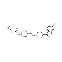 O=C(CC1CC1)N[C@H]1CC[C@H](CCN2CCC(c3noc4cc(Cl)ccc34)CC2)CC1 ZINC001772605762