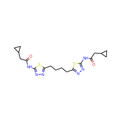 O=C(CC1CC1)Nc1nnc(CCCCc2nnc(NC(=O)CC3CC3)s2)s1 ZINC000169697796