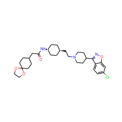 O=C(CC1CCC2(CC1)OCCO2)N[C@H]1CC[C@H](CCN2CCC(c3noc4cc(Cl)ccc34)CC2)CC1 ZINC001772622292
