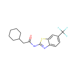 O=C(CC1CCCCC1)Nc1nc2ccc(C(F)(F)F)cc2s1 ZINC000169309152