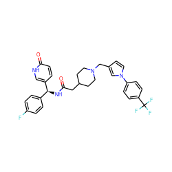 O=C(CC1CCN(Cc2ccn(-c3ccc(C(F)(F)F)cc3)c2)CC1)N[C@@H](c1ccc(F)cc1)c1ccc(=O)[nH]c1 ZINC000042965374