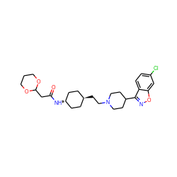 O=C(CC1OCCCO1)N[C@H]1CC[C@H](CCN2CCC(c3noc4cc(Cl)ccc34)CC2)CC1 ZINC001772595737