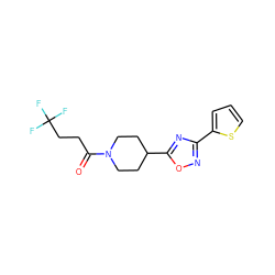 O=C(CCC(F)(F)F)N1CCC(c2nc(-c3cccs3)no2)CC1 ZINC000071329392