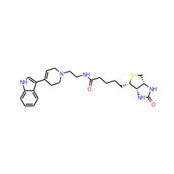 O=C(CCCC[C@@H]1SC[C@@H]2NC(=O)N[C@H]12)NCCN1CC=C(c2c[nH]c3ccccc23)CC1 ZINC000028529480