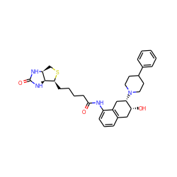 O=C(CCCC[C@@H]1SC[C@@H]2NC(=O)N[C@H]12)Nc1cccc2c1C[C@H](N1CCC(c3ccccc3)CC1)[C@H](O)C2 ZINC000028237526