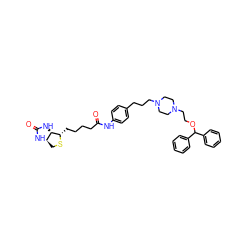 O=C(CCCC[C@@H]1SC[C@H]2NC(=O)N[C@@H]21)Nc1ccc(CCCN2CCN(CCOC(c3ccccc3)c3ccccc3)CC2)cc1 ZINC000049776371