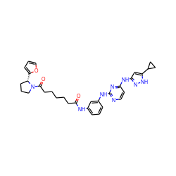 O=C(CCCCCC(=O)N1CCC[C@@H]1c1ccco1)Nc1cccc(Nc2nccc(Nc3cc(C4CC4)[nH]n3)n2)c1 ZINC000473081785