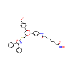 O=C(CCCCCCC(=O)Nc1ccc([C@@H]2O[C@H](c3ccc(CO)cc3)C[C@H](CSc3nc(-c4ccccc4)c(-c4ccccc4)o3)O2)cc1)NO ZINC000027551136