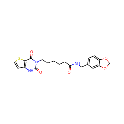 O=C(CCCCCn1c(=O)[nH]c2ccsc2c1=O)NCc1ccc2c(c1)OCO2 ZINC000002601712