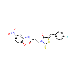 O=C(CCN1C(=O)/C(=C/c2ccc(F)cc2)SC1=S)Nc1cc([N+](=O)[O-])ccc1O ZINC000035984019