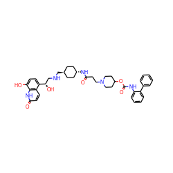 O=C(CCN1CCC(OC(=O)Nc2ccccc2-c2ccccc2)CC1)N[C@H]1CC[C@H](CNC[C@H](O)c2ccc(O)c3[nH]c(=O)ccc23)CC1 ZINC000299868207