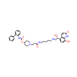 O=C(CCN1CCC(OC(=O)Nc2ccccc2-c2ccccc2)CC1)NCCCCCNC[C@H](O)c1ccc(O)c2[nH]c(=O)ccc12 ZINC000003940090