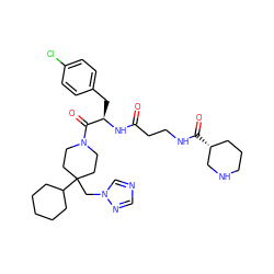 O=C(CCNC(=O)[C@@H]1CCCNC1)N[C@H](Cc1ccc(Cl)cc1)C(=O)N1CCC(Cn2cncn2)(C2CCCCC2)CC1 ZINC000027434405