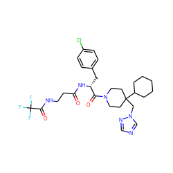 O=C(CCNC(=O)C(F)(F)F)N[C@H](Cc1ccc(Cl)cc1)C(=O)N1CCC(Cn2cncn2)(C2CCCCC2)CC1 ZINC000027433891