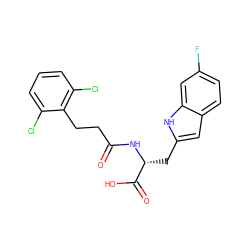 O=C(CCc1c(Cl)cccc1Cl)N[C@H](Cc1cc2ccc(F)cc2[nH]1)C(=O)O ZINC000034642316