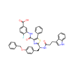 O=C(CCc1c[nH]c2ccccc12)N[C@@H](Cc1ccc(OCc2ccccc2)cc1)c1nc(C(=O)Nc2cc(C(=O)O)ccc2F)c(-c2ccccc2)s1 ZINC000096285482