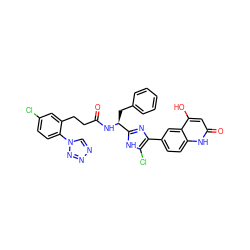 O=C(CCc1cc(Cl)ccc1-n1cnnn1)N[C@@H](Cc1ccccc1)c1nc(-c2ccc3[nH]c(=O)cc(O)c3c2)c(Cl)[nH]1 ZINC000115470791